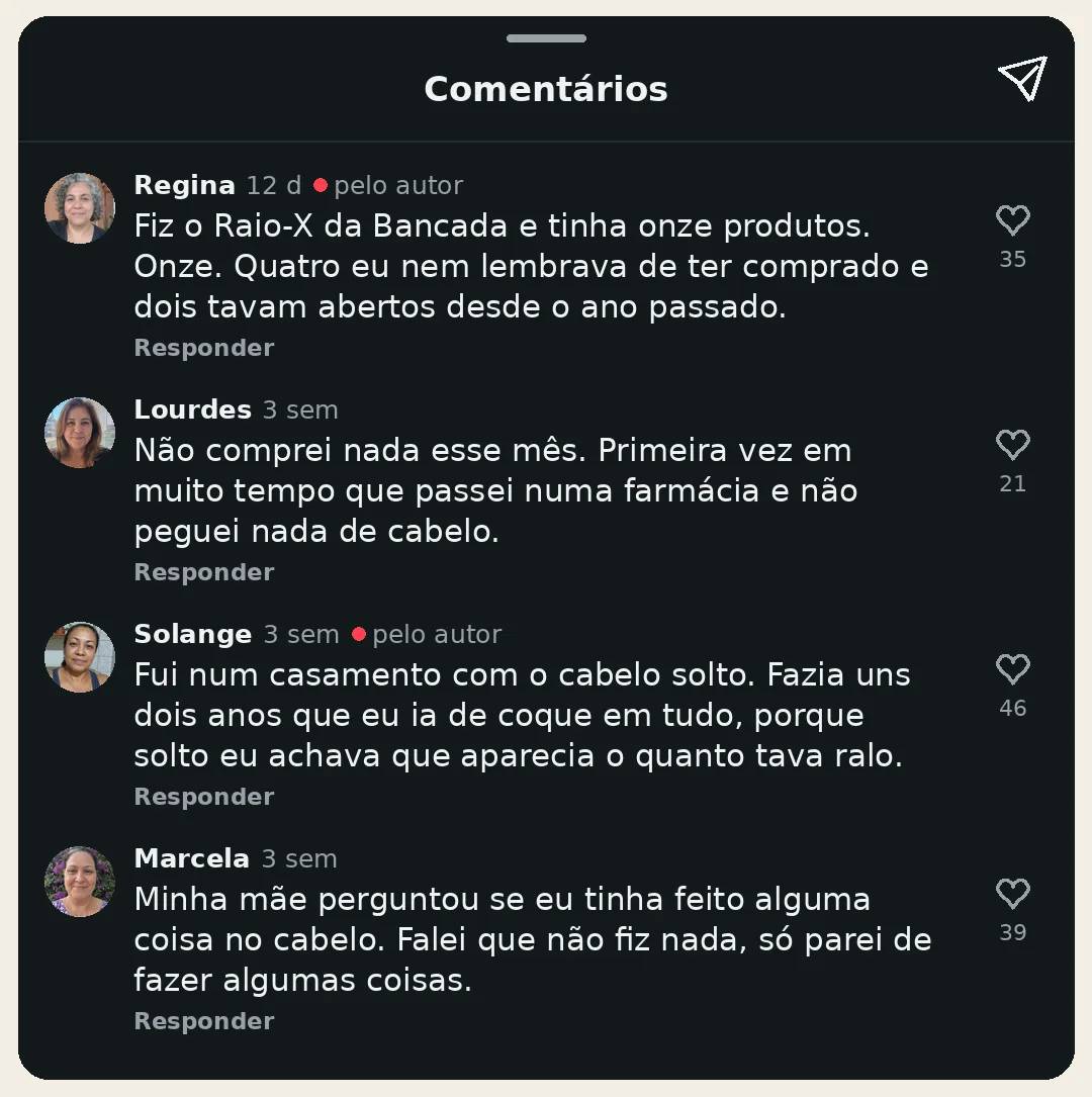 Comentários de Regina, Lourdes, Solange e Marcela